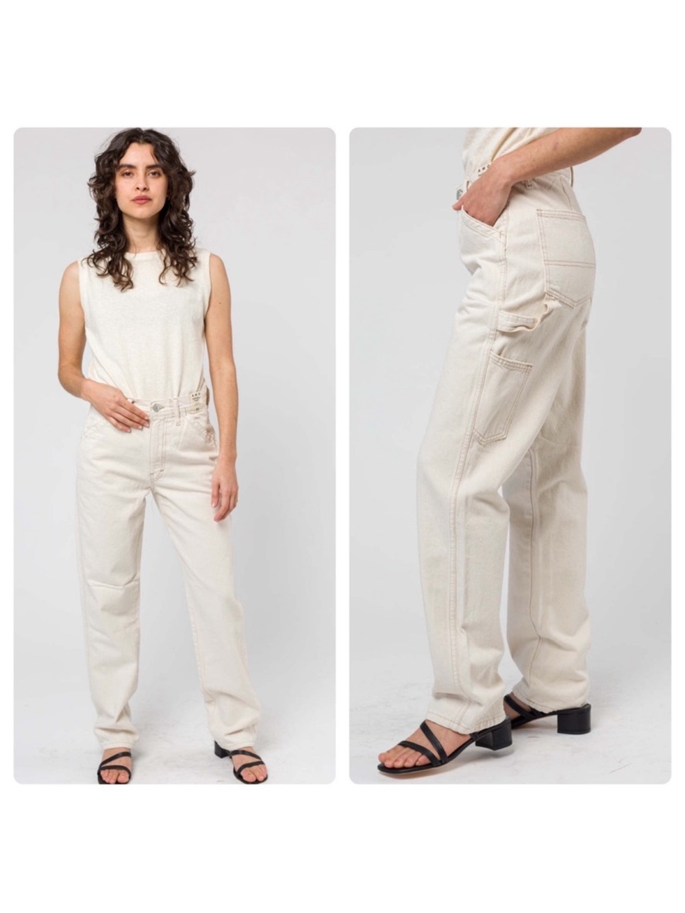 AMO 100% Cotton Painterly Pants Natural Artsy Carpenter Utility Straight Leg 26